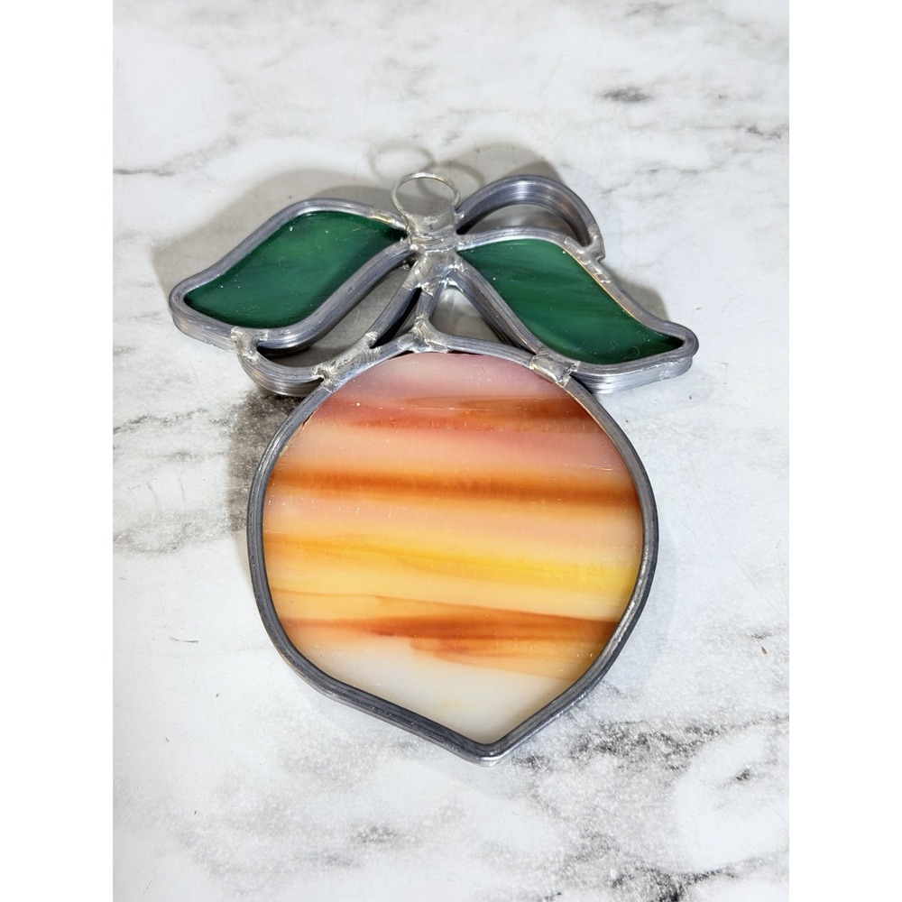 Stained Glass Suncatcher Peach Glass  With Green Leaves 3.5x3  (A3182)